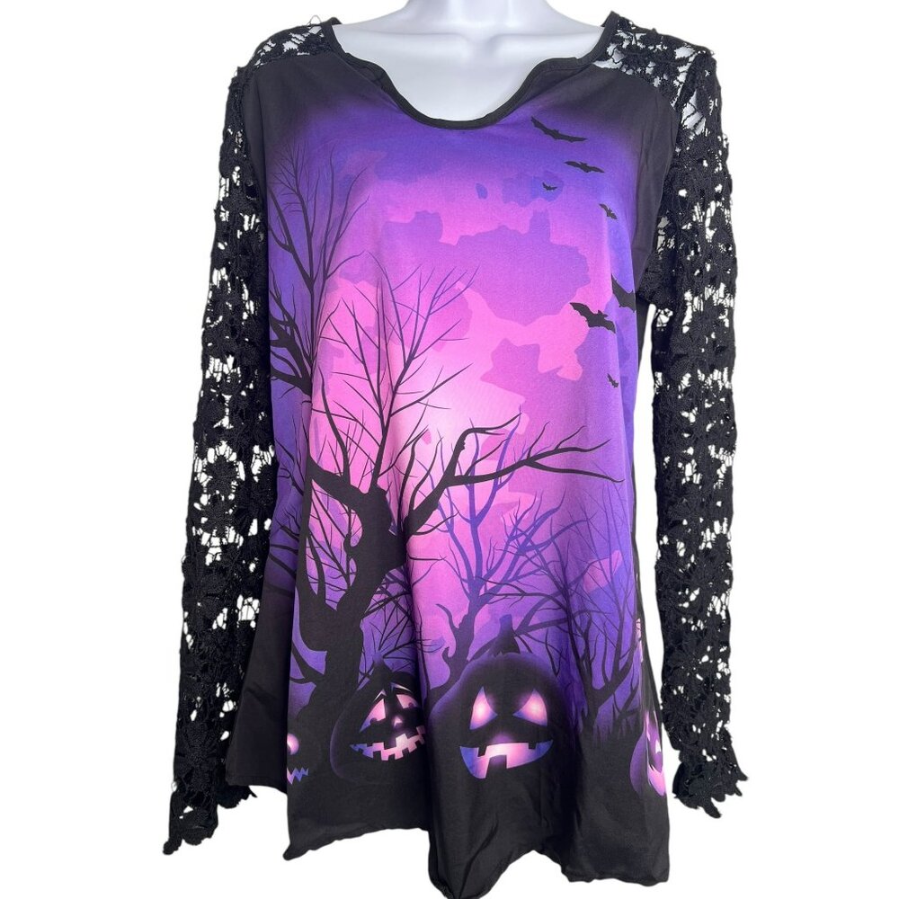 Women's Purple Halloween Shirt Jack O Lanterns Lace Long Sleeves Size M